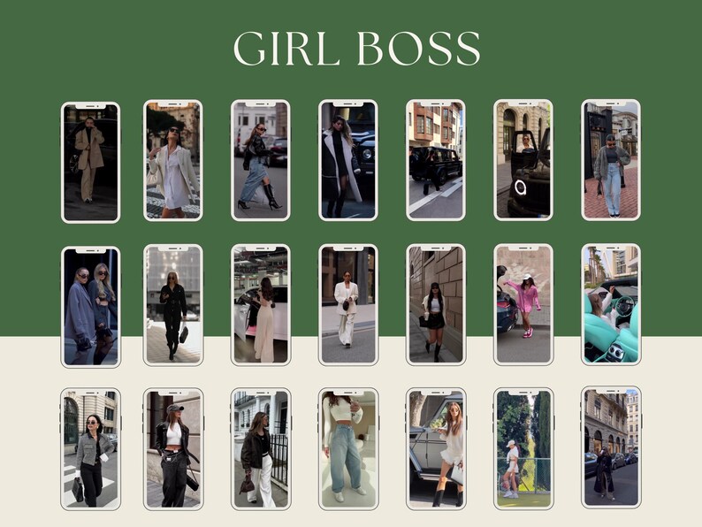 May include: A collage of 20 images featuring women in various outfits and settings. The images are arranged in a grid pattern and each image is framed by a white border. The title "GIRL BOSS" is displayed at the top of the collage.