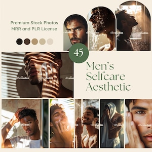 May include: A collage of photos featuring men taking care of their skin. The photos show men washing their faces, applying face masks, and shaving. The text "Men's Selfcare Aesthetic" is displayed in the center of the collage.