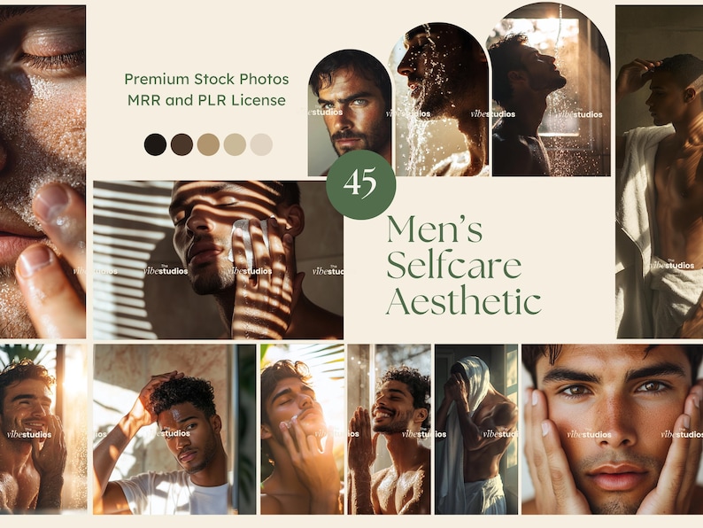 May include: A collage of photos featuring men taking care of their skin. The photos show men washing their faces, applying face masks, and shaving. The text "Men's Selfcare Aesthetic" is displayed in the center of the collage.