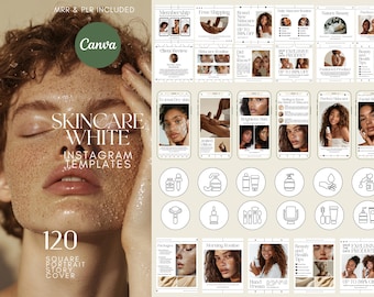 Skincare Instagram Templates Canva Posts Stories and Highlight Covers for Beauty Brands MRR PLR White Aesthetic Social Media Kit Esthetician