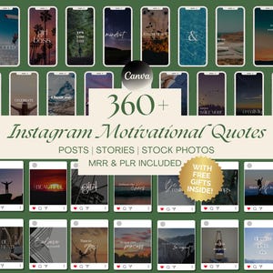 以下が含まれることがあります： 360以上のInstagramのモチベーションを高める引用句、投稿、ストーリーのコラージュ。画像には、さまざまなインスピレーションを与える引用句とストック写真が掲載されています。「360+ Instagramのモチベーションを高める引用句」というテキストが画像の中央に大きなフォントで表示されています。「POSTS | STORIES | STOCK PHOTOS」というテキストがメインテキストの下に表示されています。「MRR & PLR INCLUDED」というテキストが前のテキストの下に表示されています。赤い円の中に「WITH FREE GIFTS INSIDE!」というテキストが画像の右下に表示されています。