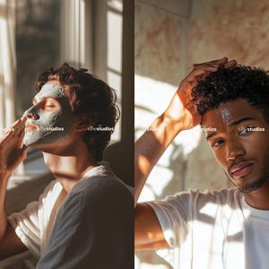 May include: Two men, one with a gray face mask and the other with curly hair, are shown in a bathroom setting. The man with the face mask is looking up and the man with curly hair is looking at the camera.