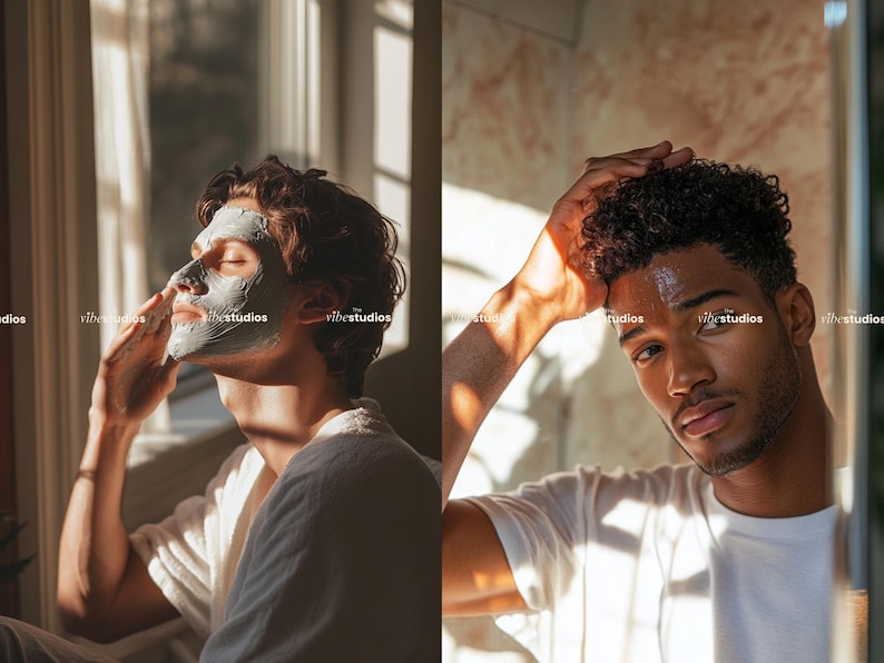 May include: Two men, one with a gray face mask and the other with curly hair, are shown in a bathroom setting. The man with the face mask is looking up and the man with curly hair is looking at the camera.