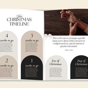 May include: A Christmas timeline design with text and a quote. The design features arched shapes with text indicating weeks until Christmas, and the days leading up to the holiday. The color palette includes beige, black, and white.