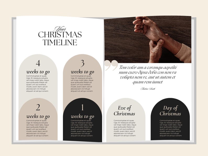 May include: A Christmas timeline design with text and a quote. The design features arched shapes with text indicating weeks until Christmas, and the days leading up to the holiday. The color palette includes beige, black, and white.