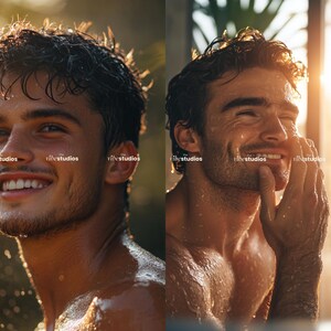 May include: A close-up of a man's face with wet hair and a smile. He is standing in a shower with water droplets on his skin.