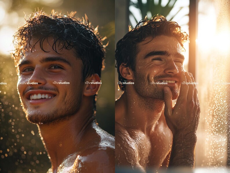 May include: A close-up of a man's face with wet hair and a smile. He is standing in a shower with water droplets on his skin.