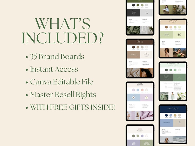 May include: A digital product listing for 35 brand boards, featuring a collage of different brand board designs. The text "WHAT'S INCLUDED?" is at the top of the image. The text "35 Brand Boards", "Instant Access", "Canva Editable File", "Master Resell Rights", and "WITH FREE GIFTS INSIDE!" are listed below the collage.