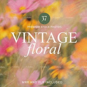 May include: A vintage floral image with a soft, blurred focus. The image features a variety of flowers in shades of pink, yellow, and orange. Text includes "Vintage Floral", "Premium Stock Photos", and "MRR and PLR Included".
