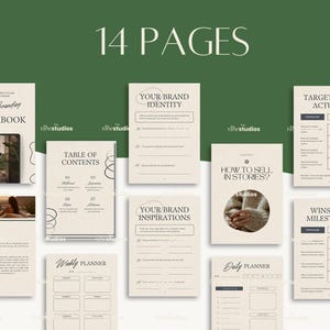 May include: A 14-page branding workbook with a beige background and black text. The workbook includes pages for your brand identity, inspirations, weekly and daily planners, targets and actuals, wins and milestones, and how to sell in stories.