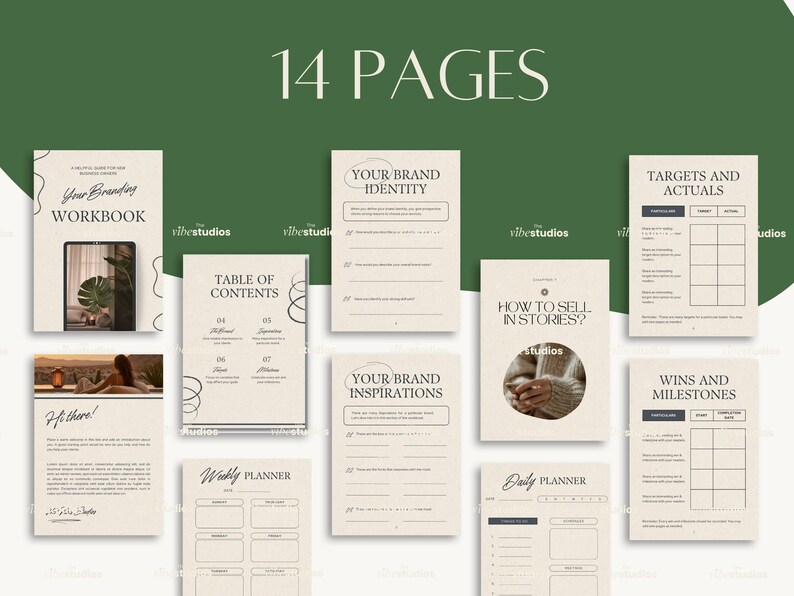 May include: A 14-page branding workbook with a beige background and black text. The workbook includes pages for your brand identity, inspirations, weekly and daily planners, targets and actuals, wins and milestones, and how to sell in stories.