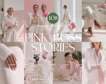 Può includere: Una collezione di foto stock con donne in abiti da lavoro. Le immagini mostrano donne in completi bianchi, con accessori rosa e che lavorano su laptop. Il testo "PINK BOSS STORIES" è ben visibile.
