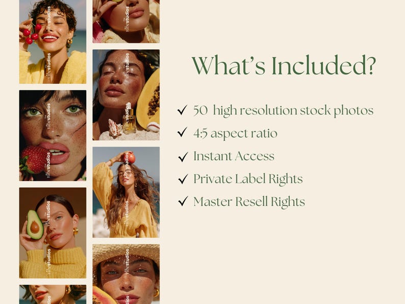 May include: A collection of lifestyle stock photos featuring diverse models with fruit. The image includes text that reads "What's Included?" and lists features such as 50 high-resolution photos and instant access.