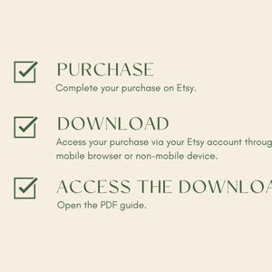 K&ouml;nnte beinhalten: Grafik mit Anweisungen auf hellbeigem Hintergrund. Sie beschreibt die Schritte zum Abschluss eines Kaufs auf Etsy, einschlie&szlig;lich &bdquo;KAUFEN&ldquo;, &bdquo;HERUNTERLADEN&ldquo; und &bdquo;AUF DEN DOWNLOAD ZUGREIFEN&ldquo;, jeweils mit einem H&auml;kchen.