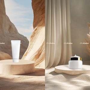 May include: Two white skincare products on minimalist displays. A tube of cream on a wooden platform in a desert landscape. A jar of cream on a wooden platform with dried pampas grass in the background.