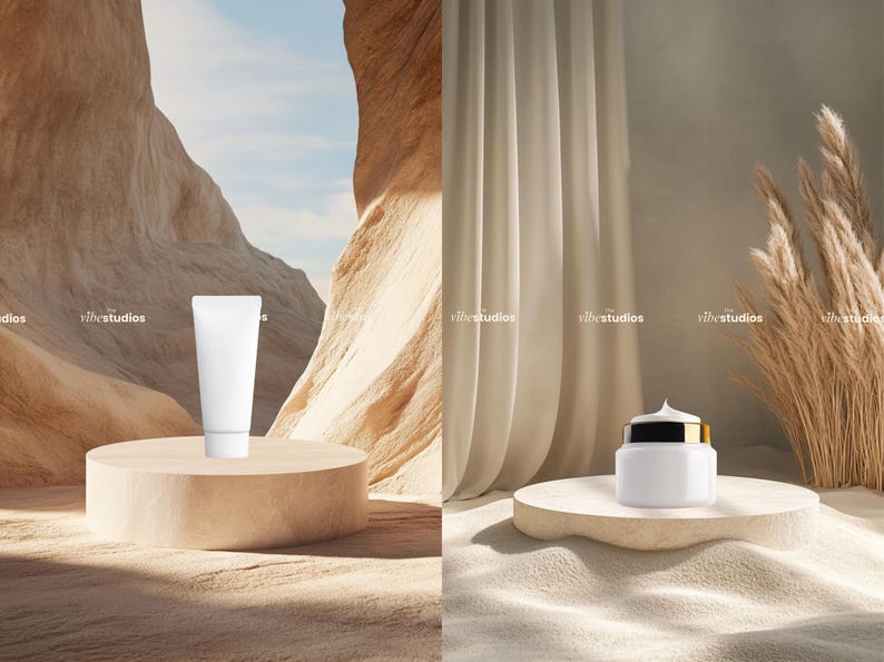 May include: Two white skincare products on minimalist displays. A tube of cream on a wooden platform in a desert landscape. A jar of cream on a wooden platform with dried pampas grass in the background.