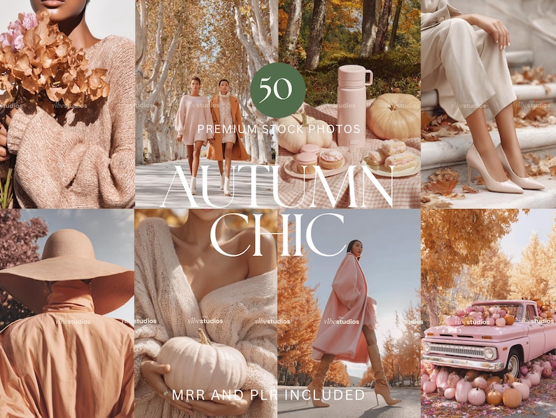 Puede incluir: Un collage de im&aacute;genes con tem&aacute;tica oto&ntilde;al. Incluye una mujer con flores secas, dos mujeres caminando, un termo rosa, calabazas, pasteles, una mujer con abrigo rosa, una camioneta rosa llena de calabazas y el texto "Autumn Chic".