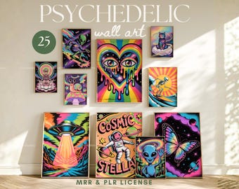 Puede incluir: Una colección de 9 impresiones enmarcadas de arte mural psicodélico. El arte presenta colores e imágenes vibrantes, incluyendo extraterrestres, un corazón con ojos, un gato en una nube, un esqueleto surfeando y el texto "Cosmic Stella".