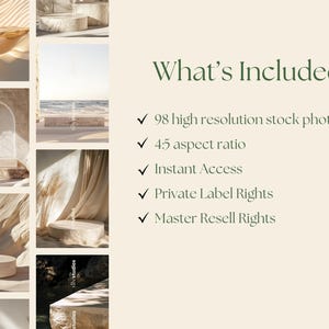 May include: A collection of 98 high-resolution stock photos featuring various product displays with a neutral color palette. The photos are ideal for showcasing products in a minimalist and modern style.