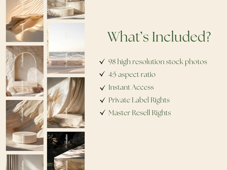 May include: A collection of 98 high-resolution stock photos featuring various product displays with a neutral color palette. The photos are ideal for showcasing products in a minimalist and modern style.