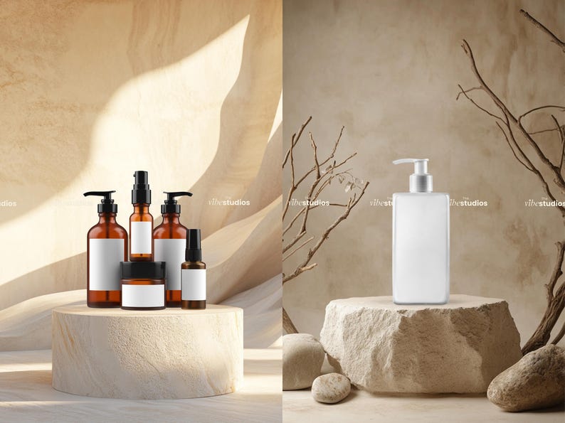 May include: Two product displays featuring various bottles and jars of skincare products. The left display shows a collection of amber glass bottles with white labels and black pump tops. The right display shows a single white bottle with a pump top on a stone platform.