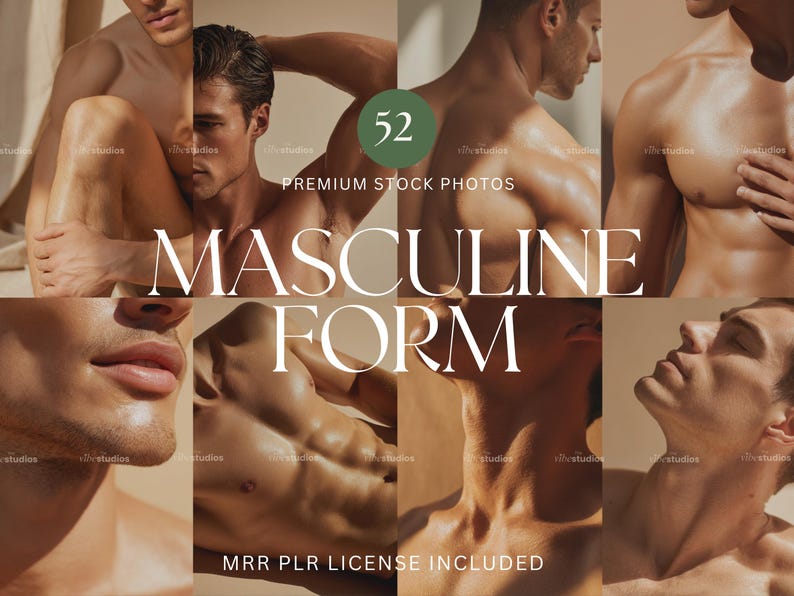K&ouml;nnte beinhalten: Eine Collage von Bildern mit muskul&ouml;sen m&auml;nnlichen Figuren. Die Bilder zeigen verschiedene Posen und Nahaufnahmen, mit dem Text "MASCULINE FORM" und "52 PREMIUM STOCK PHOTOS" &uuml;berlagert. Die Gesamt&auml;sthetik ist warm und einladend.