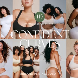 Könnte beinhalten: Eine Collage von Bildern mit verschiedenen Models in verschiedenen Dessous-Sets und körperbetonten Outfits. Die Bilder zeigen eine Reihe von Hauttönen und Körpertypen, mit dem Text "CONFIDENT CURVES" und "115 PREMIUM STOCK PHOTOS" überlagert.