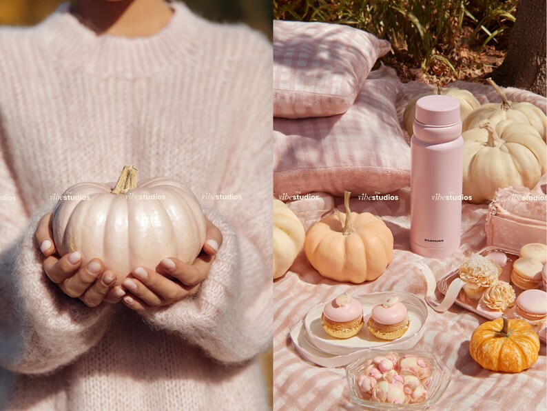 Puede incluir: Una colecci&oacute;n de calabazas, pasteles y una botella de agua rosa dispuestas sobre una manta de cuadros rosas. Una persona sostiene una calabaza rosa p&aacute;lido. La escena evoca un picnic oto&ntilde;al con una paleta de colores pastel.
