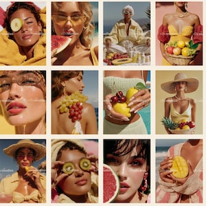 May include: A collage of images featuring people with fruit. One image shows a person with a lemon slice over their eye. Other images show people holding fruit, including watermelon, cherries, and mangoes. The images have a warm, summery aesthetic.