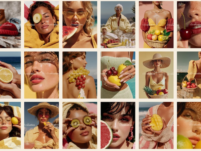 May include: A collage of images featuring people with fruit. One image shows a person with a lemon slice over their eye. Other images show people holding fruit, including watermelon, cherries, and mangoes. The images have a warm, summery aesthetic.