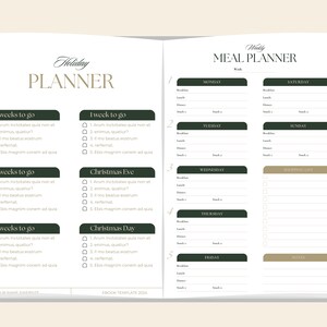 May include: Open notebook with a holiday planner and a weekly meal planner. The holiday planner has sections for weeks leading up to Christmas. The meal planner has sections for each day of the week, with space for meals and a shopping list.