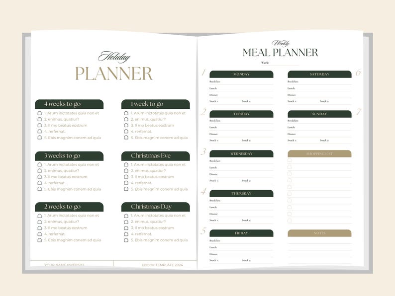 May include: Open notebook with a holiday planner and a weekly meal planner. The holiday planner has sections for weeks leading up to Christmas. The meal planner has sections for each day of the week, with space for meals and a shopping list.