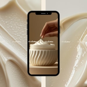 May include: A white ceramic jar with a swirl design filled with a thick, white cream. A hand is reaching into the jar to scoop out some of the cream.