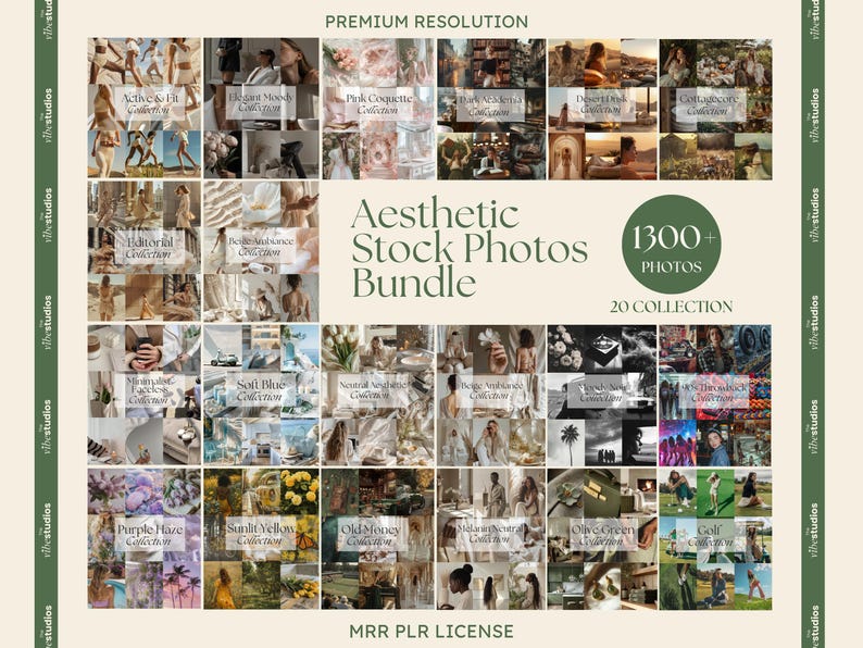 K&ouml;nnte beinhalten: Eine Collage aus 20 verschiedenen &auml;sthetischen Stockfotos, jedes mit einem einzigartigen Thema. Die Fotos sind in einem Raster angeordnet und zeigen eine Vielzahl von Motiven, darunter Natur, Mode und Lifestyle. Der Text "Aesthetic Stock Photos Bundle" wird in der Mitte der Collage angezeigt, zusammen mit der Zahl "1300+ Photos" und "20 Collection".