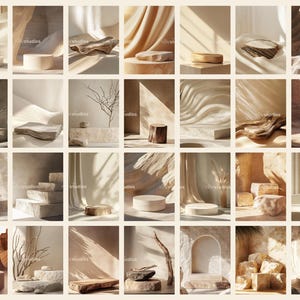 May include: A collection of 18 product mockups featuring various natural elements, including wood, stone, and fabric. The mockups are arranged in a grid pattern and showcase different angles and perspectives. Each mockup features a platform or pedestal for displaying products.