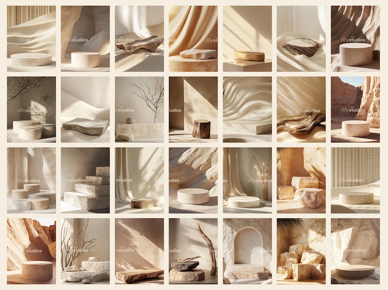 May include: A collection of 18 product mockups featuring various natural elements, including wood, stone, and fabric. The mockups are arranged in a grid pattern and showcase different angles and perspectives. Each mockup features a platform or pedestal for displaying products.
