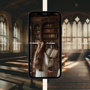 May include: A woman with long brown hair sits in a library reading a book. She is wearing a white sweater and a brown bow in her hair. The library has large windows and wooden bookshelves filled with books.