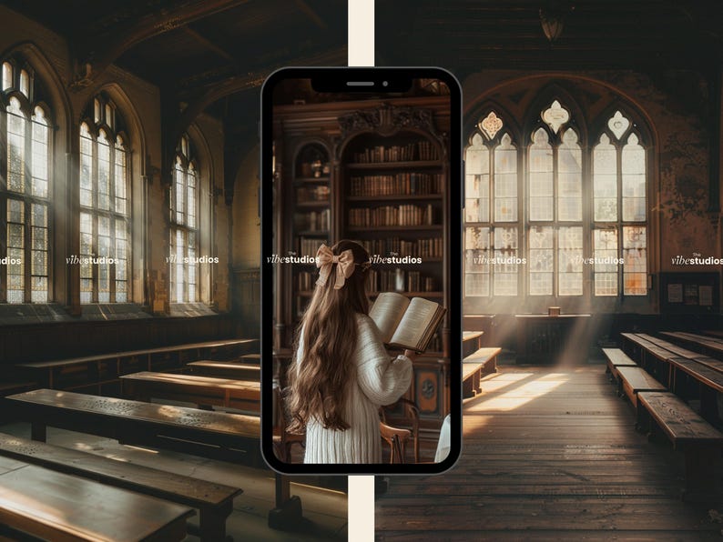 May include: A woman with long brown hair sits in a library reading a book. She is wearing a white sweater and a brown bow in her hair. The library has large windows and wooden bookshelves filled with books.