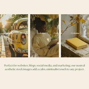 May include: Three images showcasing a vintage yellow car, a person reading a book in a yellow sweater, and a yellow book on a windowsill. The images have a warm, minimalist aesthetic.