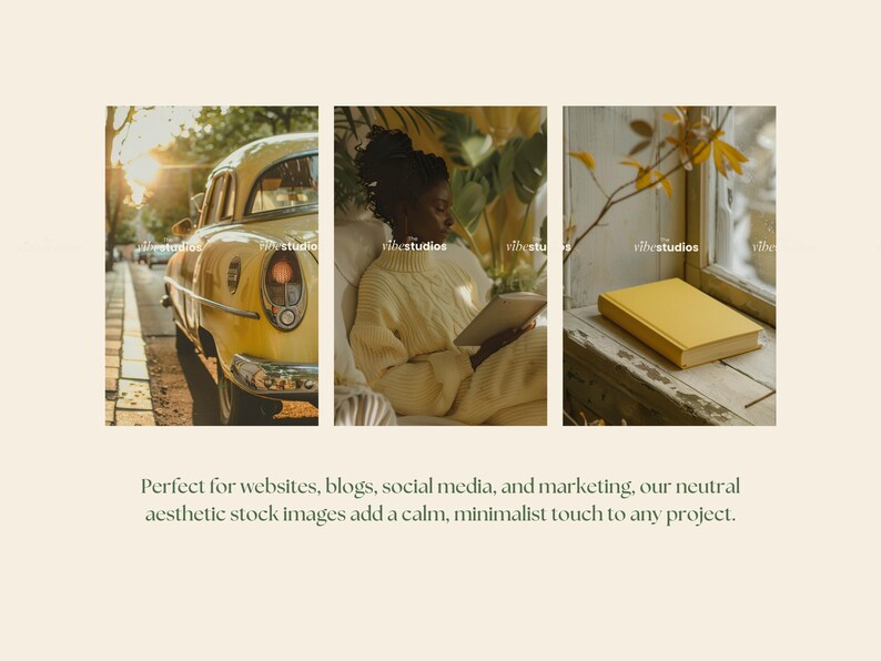 May include: Three images showcasing a vintage yellow car, a person reading a book in a yellow sweater, and a yellow book on a windowsill. The images have a warm, minimalist aesthetic.