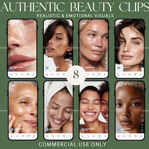 May include: An advertisement featuring eight smartphone screens displaying close-up images of diverse faces. The text "AUTHENTIC BEAUTY CLIPS" and "REALISTIC & EMOTIONAL VISUALS" are at the top. The number "8" is in the center, and "COMMERCIAL USE ONLY" is at the bottom.