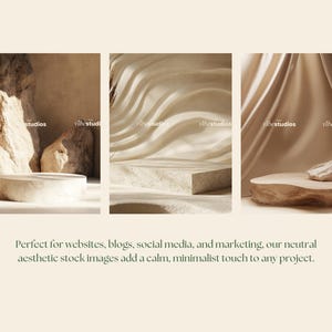May include: Three different product display mockups with a neutral color palette. The first mockup features a white platform on a beige background with a large rock formation. The second mockup features a white platform on a beige background with a wavy, textured wall. The third mockup features a wooden platform on a beige background with a wavy, textured wall.
