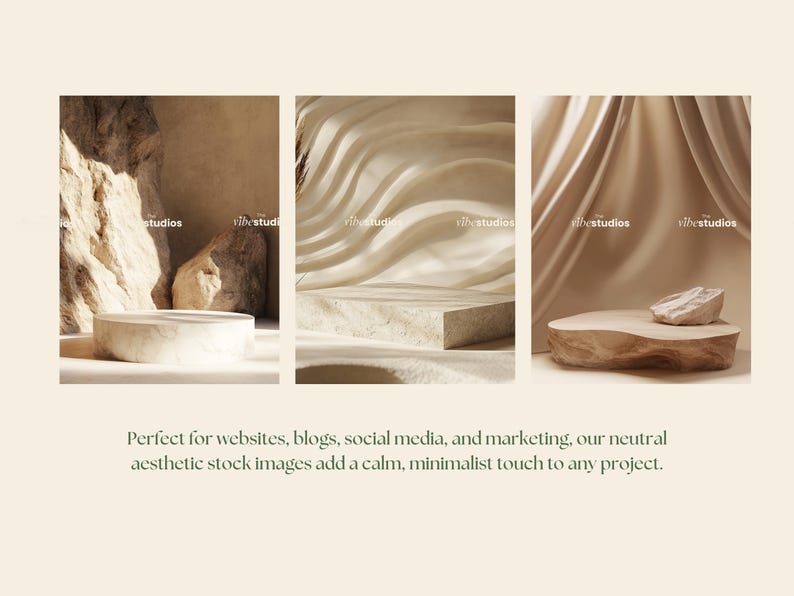 May include: Three different product display mockups with a neutral color palette. The first mockup features a white platform on a beige background with a large rock formation. The second mockup features a white platform on a beige background with a wavy, textured wall. The third mockup features a wooden platform on a beige background with a wavy, textured wall.