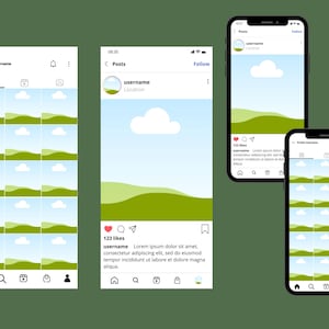 Puede incluir: Una captura de pantalla de un tel&eacute;fono m&oacute;vil que muestra una aplicaci&oacute;n de redes sociales con una cuadr&iacute;cula de fotos de un paisaje verde con nubes blancas. El pie de foto dice "123 likes username Lorem ipsum dolor sit amet, consectetur adipiscing elit, sed do eiusmod tempor incididunt ut labore et dolore magna aliqua."