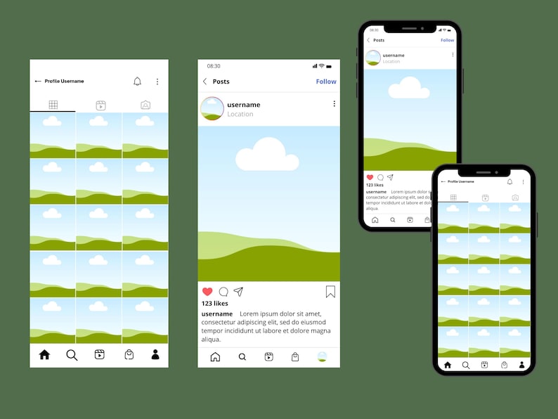 Puede incluir: Una captura de pantalla de un tel&eacute;fono m&oacute;vil que muestra una aplicaci&oacute;n de redes sociales con una cuadr&iacute;cula de fotos de un paisaje verde con nubes blancas. El pie de foto dice "123 likes username Lorem ipsum dolor sit amet, consectetur adipiscing elit, sed do eiusmod tempor incididunt ut labore et dolore magna aliqua."