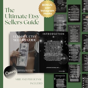 May include: A black and white guidebook titled "The Ultimate Etsy Sellers Guide" with a woman holding a $100 bill. The guidebook includes information on how to create a successful Etsy shop and generate passive income from home. The cover also includes a bonus of 100+ Instagram hooks.