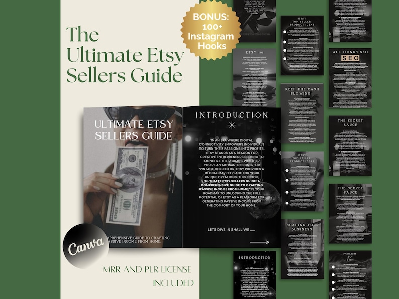 K&ouml;nnte beinhalten: Ein schwarz-wei&szlig;es Handbuch mit dem Titel "The Ultimate Etsy Sellers Guide", auf dem eine Frau einen 100-Dollar-Schein h&auml;lt. Das Handbuch enth&auml;lt Informationen dar&uuml;ber, wie man einen erfolgreichen Etsy-Shop erstellt und passives Einkommen von zu Hause aus erzielt. Das Cover enth&auml;lt au&szlig;erdem einen Bonus von &uuml;ber 100 Instagram-Hooks.