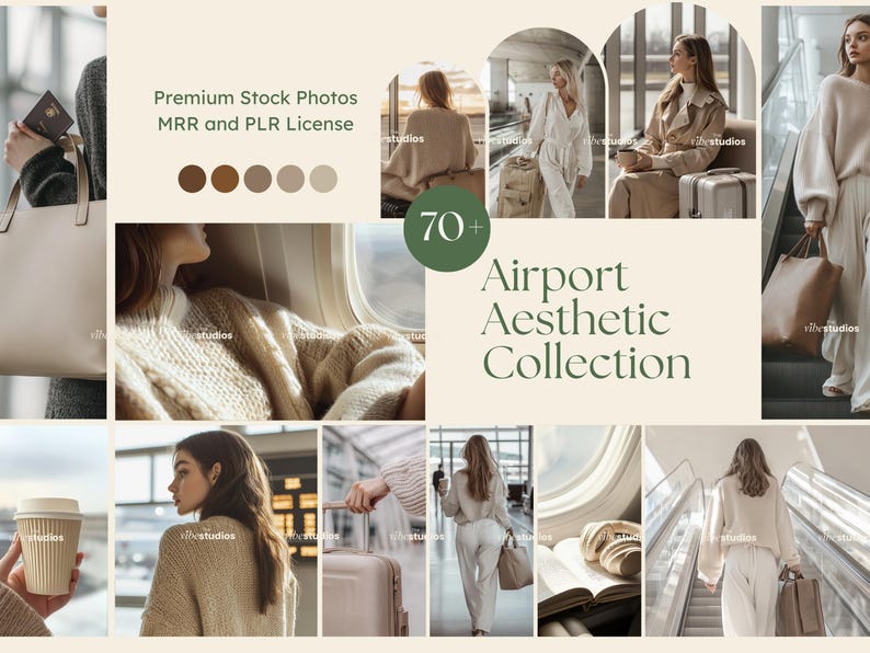 May include: A collage of images with a neutral color palette, featuring the text "Airport Aesthetic Collection." The images depict travel-related scenes, including people with luggage, a coffee cup, and a passport. The text "Premium Stock Photos MRR and PLR License" is also visible.