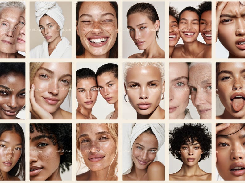 May include: A grid of diverse portraits of people with various skin tones and expressions. Some are smiling, others are looking directly at the camera. The images are well-lit, showcasing natural beauty and a range of ages.