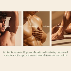 K&ouml;nnte beinhalten: Ein Triptychon von Bildern, die den K&ouml;rperbau einer Person zeigen. Die Bilder zeigen den Oberk&ouml;rper, den Torso und die Beine. Die Bilder haben eine warme, neutrale Farbpalette. Der Text "vibestudios" ist in jedem Bild sichtbar.